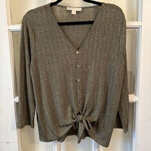 Michael Kors Women's Size L Green & Gold Sheer Blouse Lightweight Knotted bottom